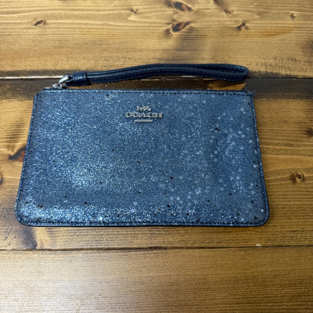 Coach Metallic Navy Blue Star Print Leather Wristlet Clutch Wallet Glitter